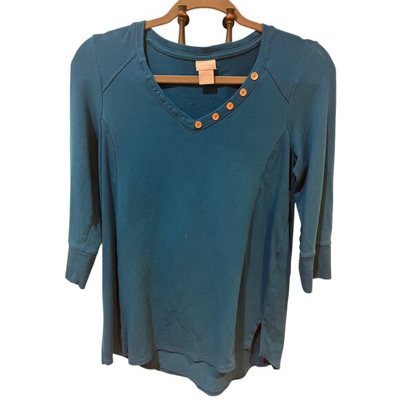 Chico’s Zenergy Teal Button Detail Ribbed V-Neck Trim Knit Tunic Top Size 0 (4/6 - Picture 1 of 8